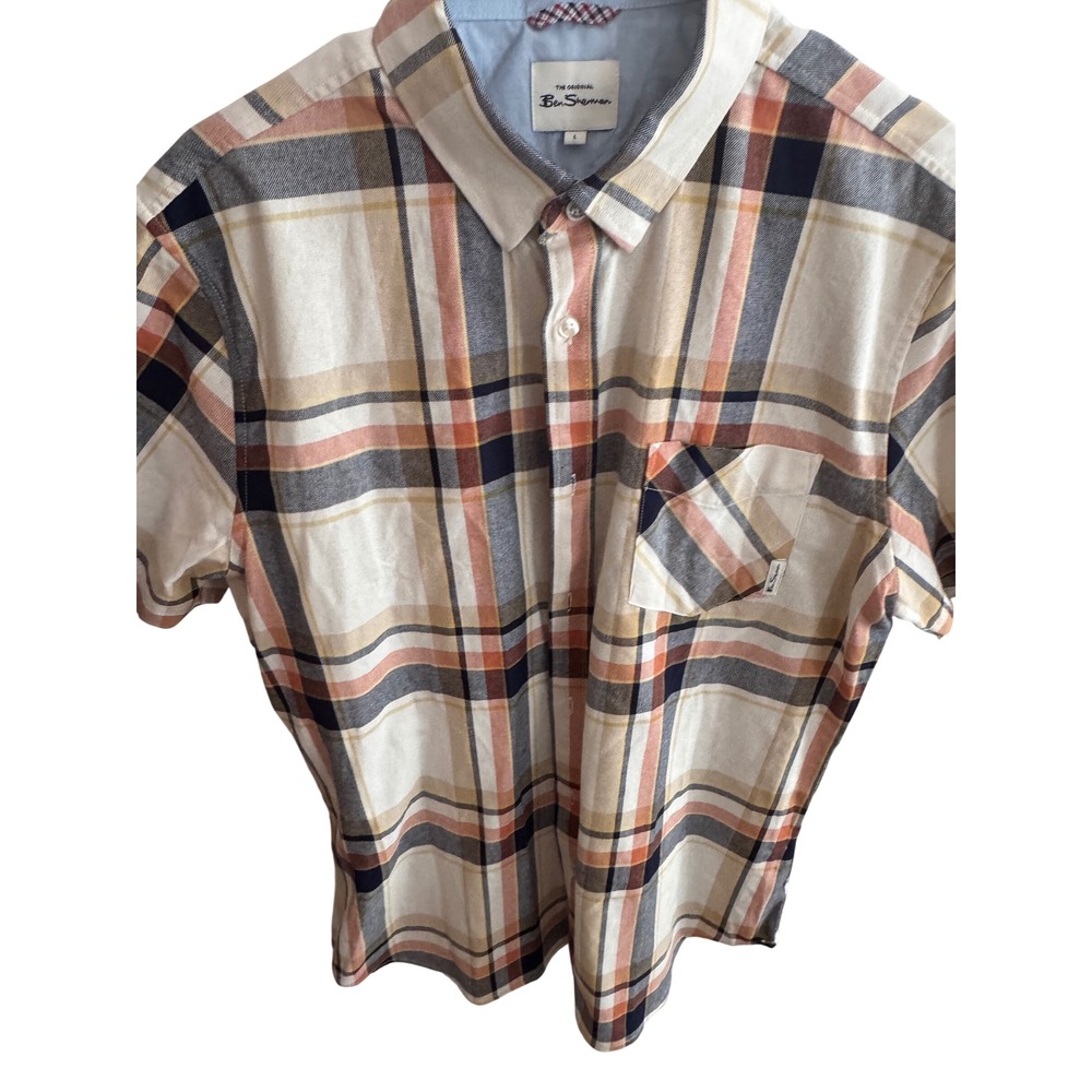 Ben Sherman Mens Large Plaid Short Sleeve Button Down Shirt Orange Navy Cotton